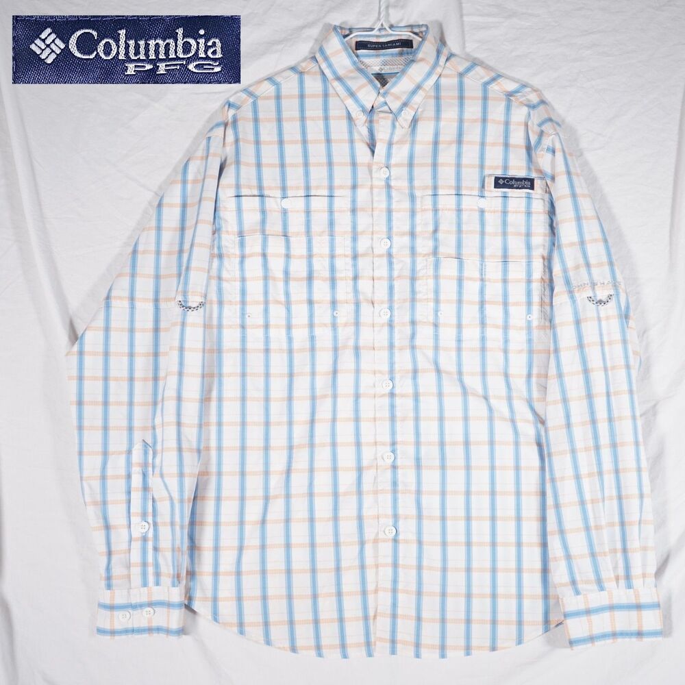 Columbia PFG Super Tamiami Button Up Shirt Plaid White Orange Omni-Shade Small
